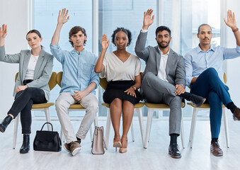 Hands of business people asking questions in seminar conference at work, voting for strategy and solution to problem in meeting at company. Portrait of corporate employees in collaboration as team