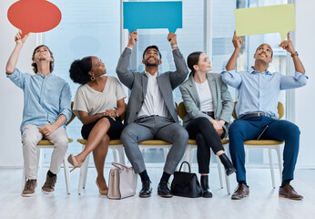 Social media, speech bubble and mockup space with people in a line for an interview with human resources. Contact us and we are hiring advertising or marketing campaign with a group of young staff