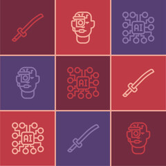 Set line Katana, Neural network and Smart glasses on spectacles icon. Vector