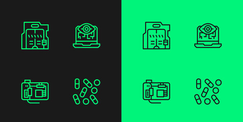 Set line Medical pill biohacking, Motherboard, Futuristic sliding doors and Computer vision icon. Vector