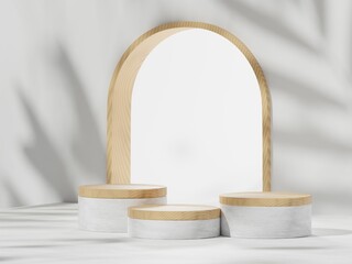 Premium podium display with leaf shadow, Cosmetics or beauty product promotion mockup. Natural stone step pedestal. Trendy minimalist banner, 3D render illustration.