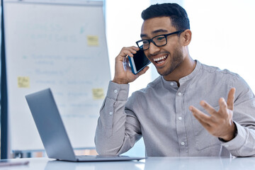 Deal, good news and excited business man talking on a phone call and is happy for a successful plan. Joyful and surprised Latino male entrepreneur with a positive mindset on a mobile conversation - obrazy, fototapety, plakaty