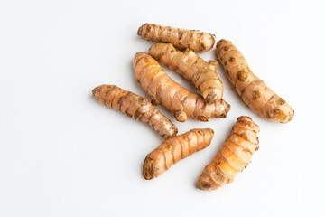 Turmeric, Curcuma (Curcuma longa ), rhizome isolated on white background. Herbs with many health benefits.
