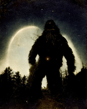 Bigfoot emerges from the trees at night with the moon and trees behind him on an old photo, montage, vintage, from found footage, a giant sasquatch, from an North American ancient folklore tale