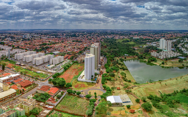 Uberaba, Minas Gerais Brazil, August 24, 2022: aerial view of Parque das Acacias, a water reservoir that solved the floods in the city

