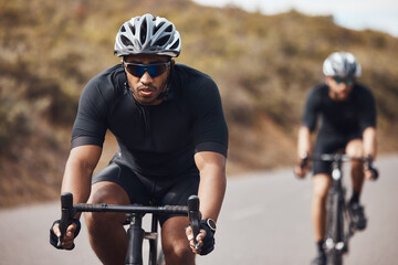 Training, energy and fitness with cyclists exercise on bicycle outdoors, practice speed and...