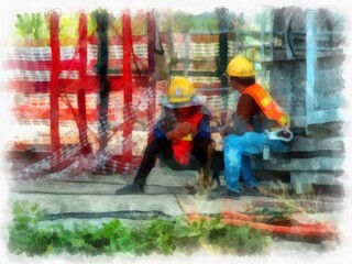 construction site workers watercolor style illustration impressionist painting.