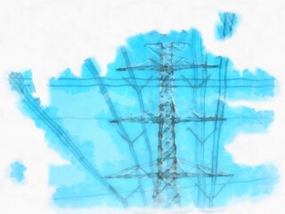 high voltage pole watercolor style illustration impressionist painting.