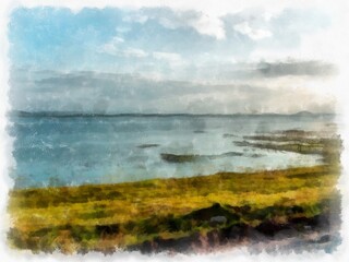 landscape of lakes and mountains watercolor style illustration impressionist painting.