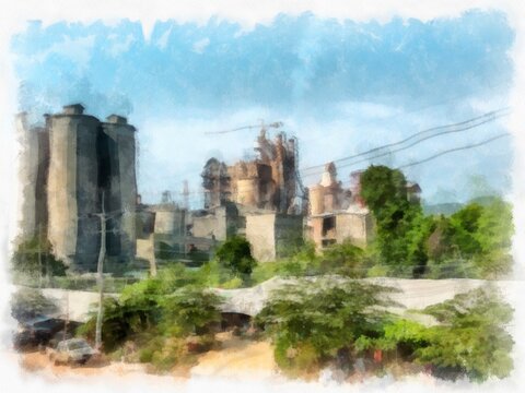 factory watercolor style illustration impressionist painting.