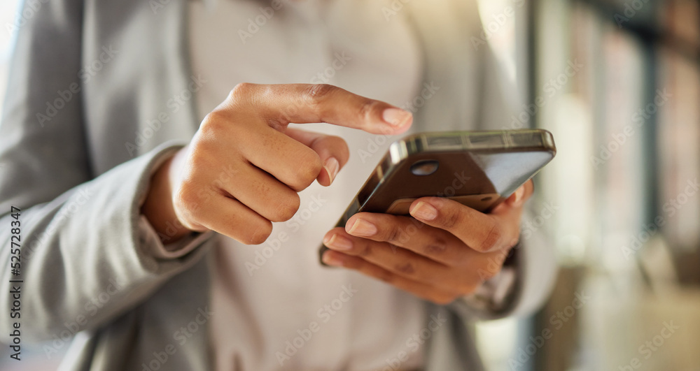Poster Phone, networking and communication with a hand of a woman typing an email or sending a message closeup. 5g mobile technology to contact us, for social media and to access the internet or web