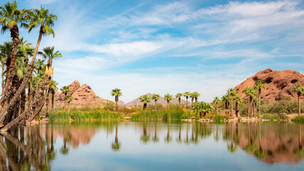 Palm trees water reflection oasis and mountains in the desert at Papago Park in Phoenix Arizona - obrazy, fototapety, plakaty