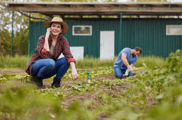 Fototapeta premium Agriculture, nature and sustainability farmer on phone call, working on farm with husband. Happy female talking to client about selling organic produce. Excited, success start of small green business