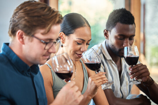 Diversity, luxury and friends wine tasting at a restaurant or vineyard, smelling alcohol in a glass together. Young carefree people bonding and having fun, enjoying a wine tour at a distillery