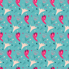Fototapeta na wymiar Hand drawn vector seamless floral folk pattern of buds and foliages in pink colors on blue pastel background. 