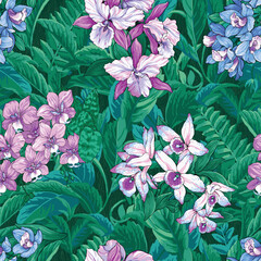 Blue purple orchid tropical floral seamless pattern