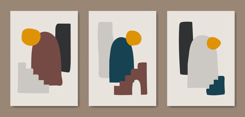 Set of three Abstract Aesthetic mid century modern shape Contemporary boho poster cover template. Minimal and natural Illustrations for art print, postcard, wallpaper, wall art