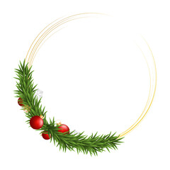 Fototapeta na wymiar Greenery Christmas Garland wreath. Merry Christmas Circle border with golden line nature frame with fir branches isolated on white background. Vector decoration design