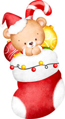 Cute teddy bear in Christmas socks with ornements