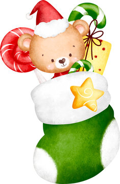 Cute Teddy Bear In Christmas Socks With Ornements