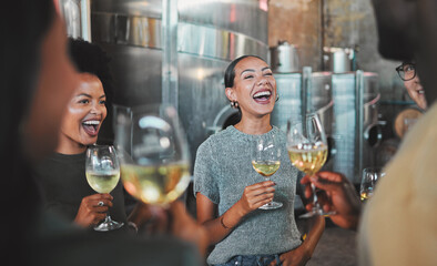 Celebration, champagne glasses and friends at wine tasting experience or celebrating success for...