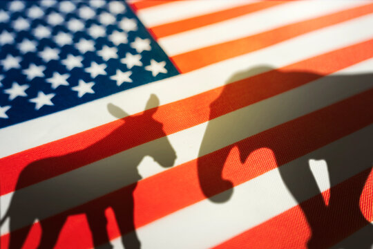 animal shadows on the flag. Democrats vs republicans are in ideological duel on the american flag. In American politics US parties are represented by either the democrat donkey or republican elephant