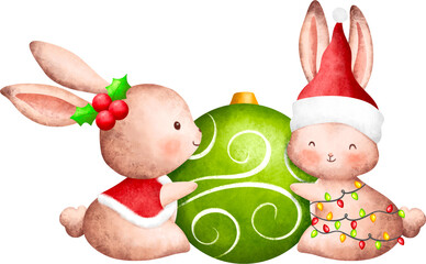 Obraz premium Cute rabbit and Christmas ornaments
