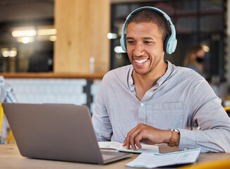 Laptop webinar, workshop training or zoom call meeting in cafe, restaurant or coffee shop with...