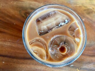 a glass of iced coffee seen from above