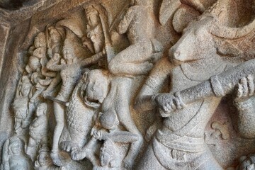 Battlefield scene of Hindu Goddess Durga fight with the Buffalo headed Demon with her army of...