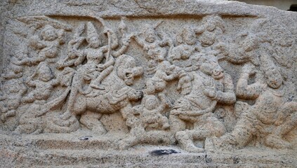 Battlefield scene of Hindu Goddess Durga fight with the Buffalo headed Demon with her army of...