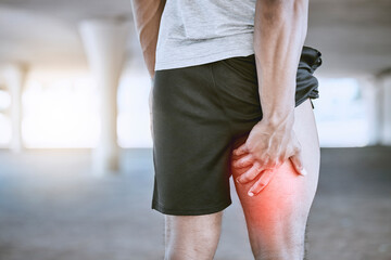 Sports man, runner and thigh injury to hamstring muscle for fitness, wellness and health person. Running, workout and exercise expert suffer medical leg pain after high performance training in city - obrazy, fototapety, plakaty