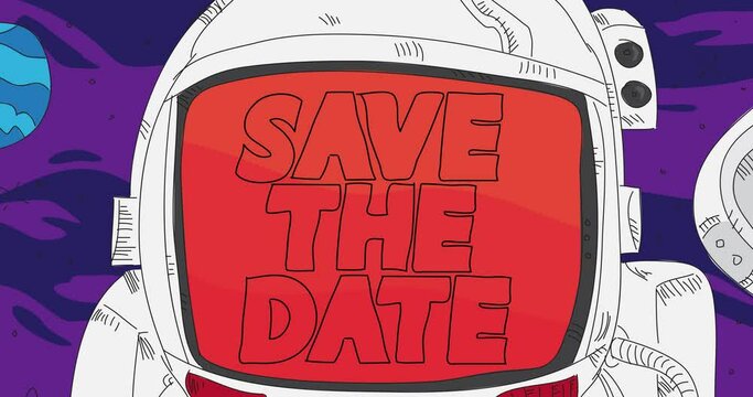 Astronaut in space with Save The Date Text on his helmet. Abstract dancing line cartoon animation. 4k HD Format resolution video.