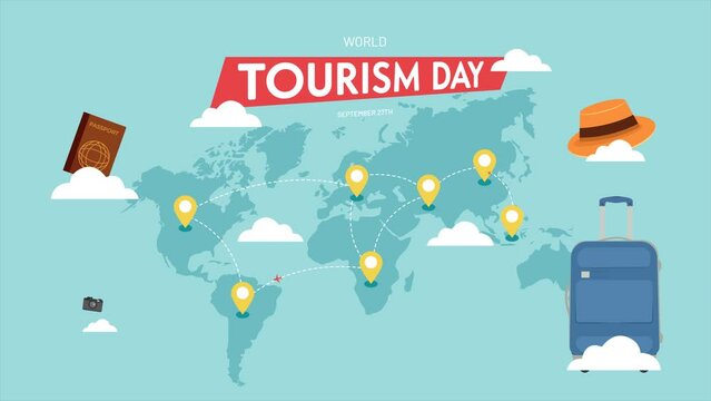 World Tourism Day September 27th with travel maps and travel gears illustration on isolated background