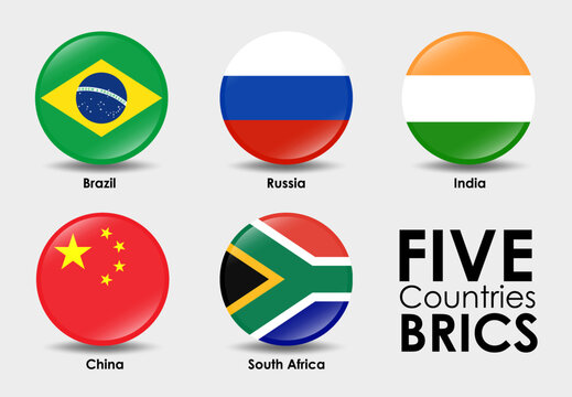 BRICS flags of 5 countries. Simple Round shaped design. National flags icon set. Vector illustration on gray background