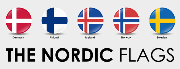 The Nordic countries flag. Set of round flags designed on gray background