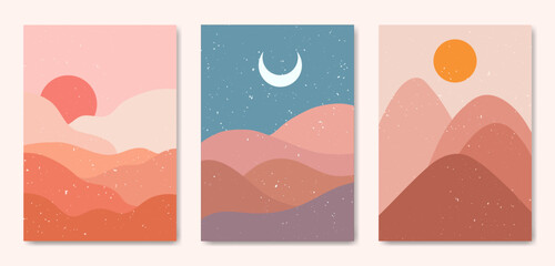 Abstract Contemporary mid century modern Landscape boho poster template. Aesthetic Modern Art Minimal and natural mountains compositions for postcard cover wallpaper wall art home decor
