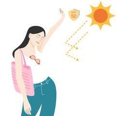A beautiful woman smiling under the sun light, UV protection concept . Flat vector illustration.