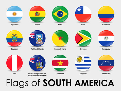 Set of South America flags. Simple round-shaped flags on gray background.