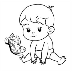 Simple logo of crawling baby. black and white.Happy baby girl Playing with Butterfly. picture silhouette isolated on white background. Little kid in the minimalist style