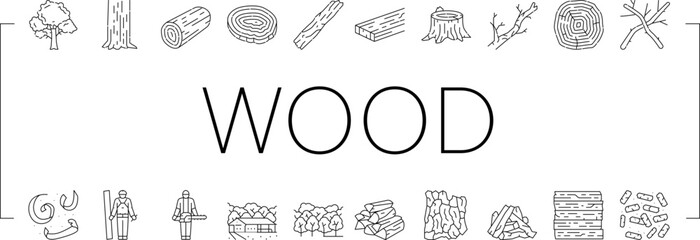wood timber tree wooden material icons set vector