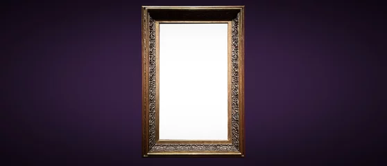 Fotobehang Antique art fair gallery frame on royal purple wall at auction house or museum exhibition, blank template with empty white copyspace for mockup design, artwork concept © Anneleven