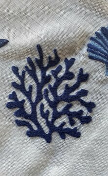 Navy Blue Sea Coral Embroidery On Beige Etamine Fabric, Flat Lay