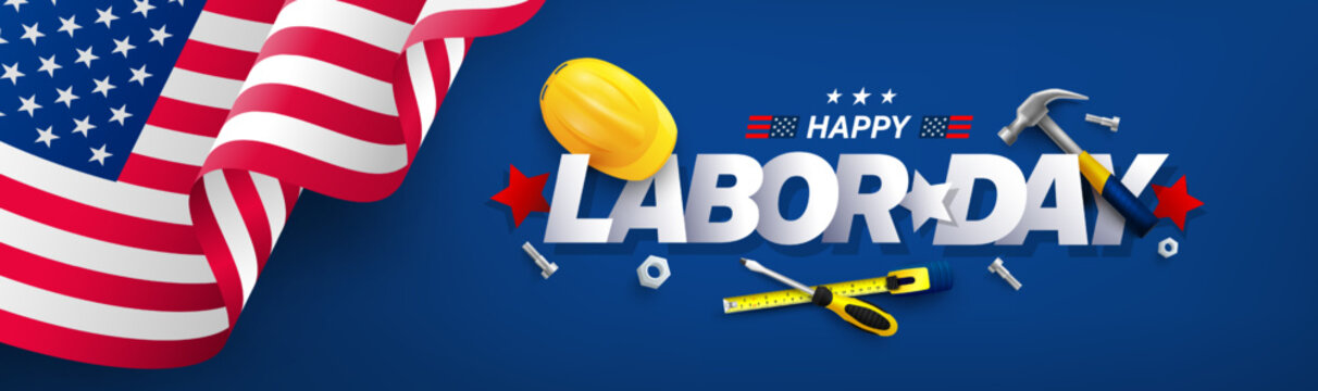 Labor Day poster template.USA Labor Day celebration with American flag,Safety hard hat and Construction tools.Sale promotion advertising Poster or Banner for Labor Day