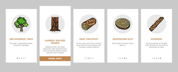 wood timber tree wooden material onboarding icons set vector