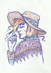 girl in a brown hat pencil colors for card illustration background