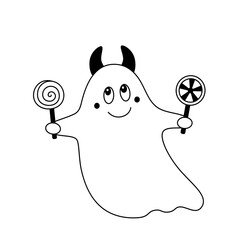 Vector doodle kind cute ghost with devil's horns and candies in hands.Kid cartoon halloween design element.Outline.Isolated on white background.