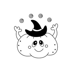 Doodle cute hallooween happy pumpkin with witch hat on head.Childish festive cute halloween design element.Outline.Isolated on white background.