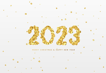 Happy New Year 2023. Design Realistic golden paper confetti in shape of number 2023. Vector illustration
