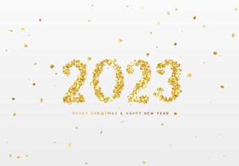 Happy New Year 2023. Design Realistic golden paper confetti and gold sequins in shape of number 2023. Vector illustration